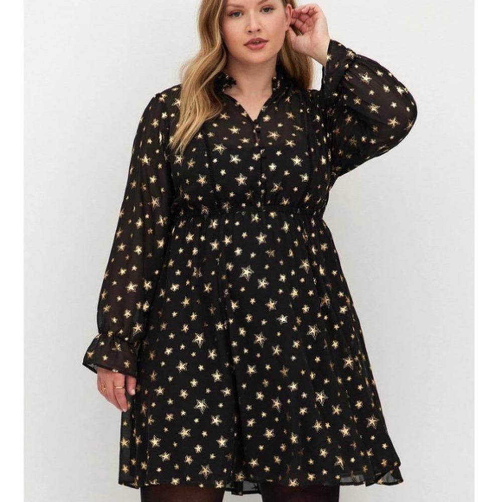 Damaged Torrid 2 (2X 18/20) New Black‎ Chiffon Gold Stars Mock Neck Mini Dress